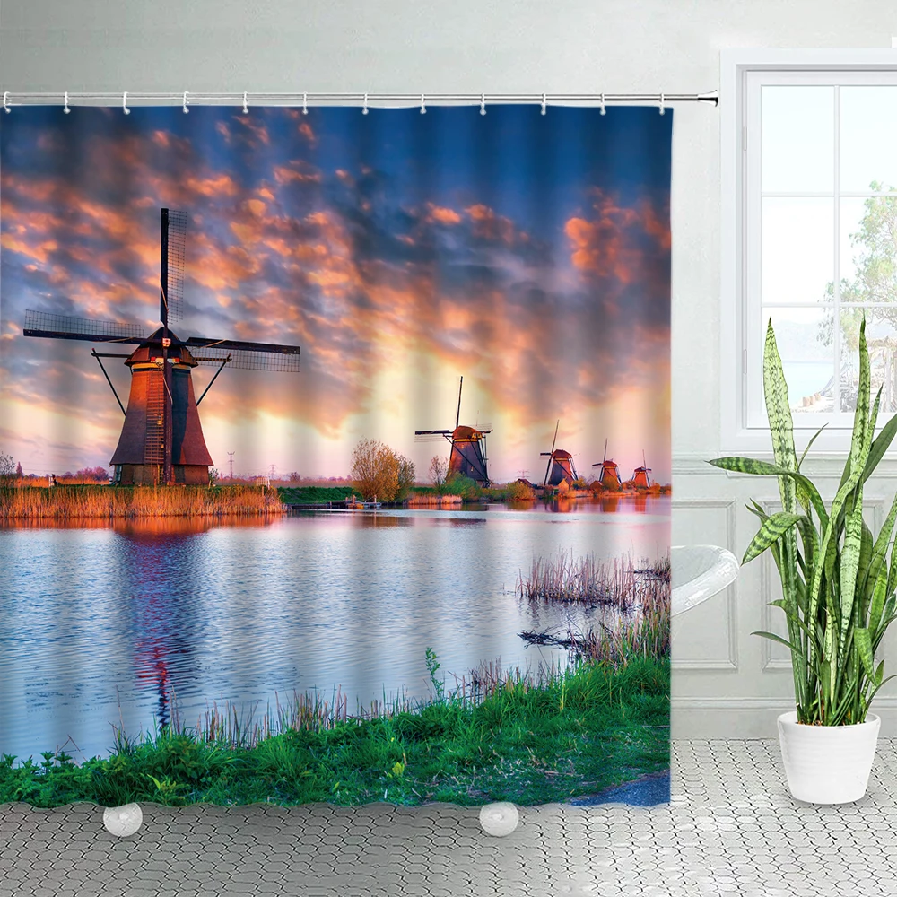 Landscape Shower Curtains Retro Literary Country Style Bathroom Decoration 3D Printing Polyester Fabric with Hooks Bath Curtain