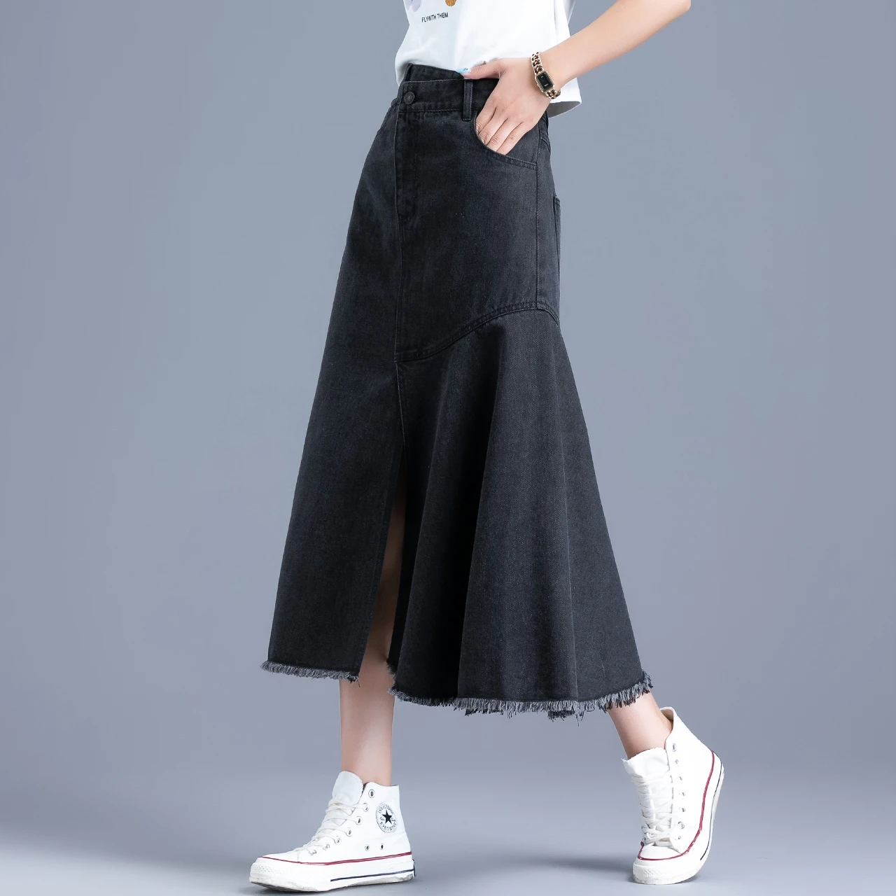 

TIYIHAILEY Free Shipping 2021 New Fashion High Waist XS-3XL Long Mid-Calf A-line Skirts With Tassels Women Blue Black Slit