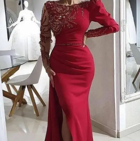 SuperKimJo Robe Femme Red Evening Dresses Long Sleeve Beaded Mermaid Elegant Arabic Formal Evening Gown Abendkleider