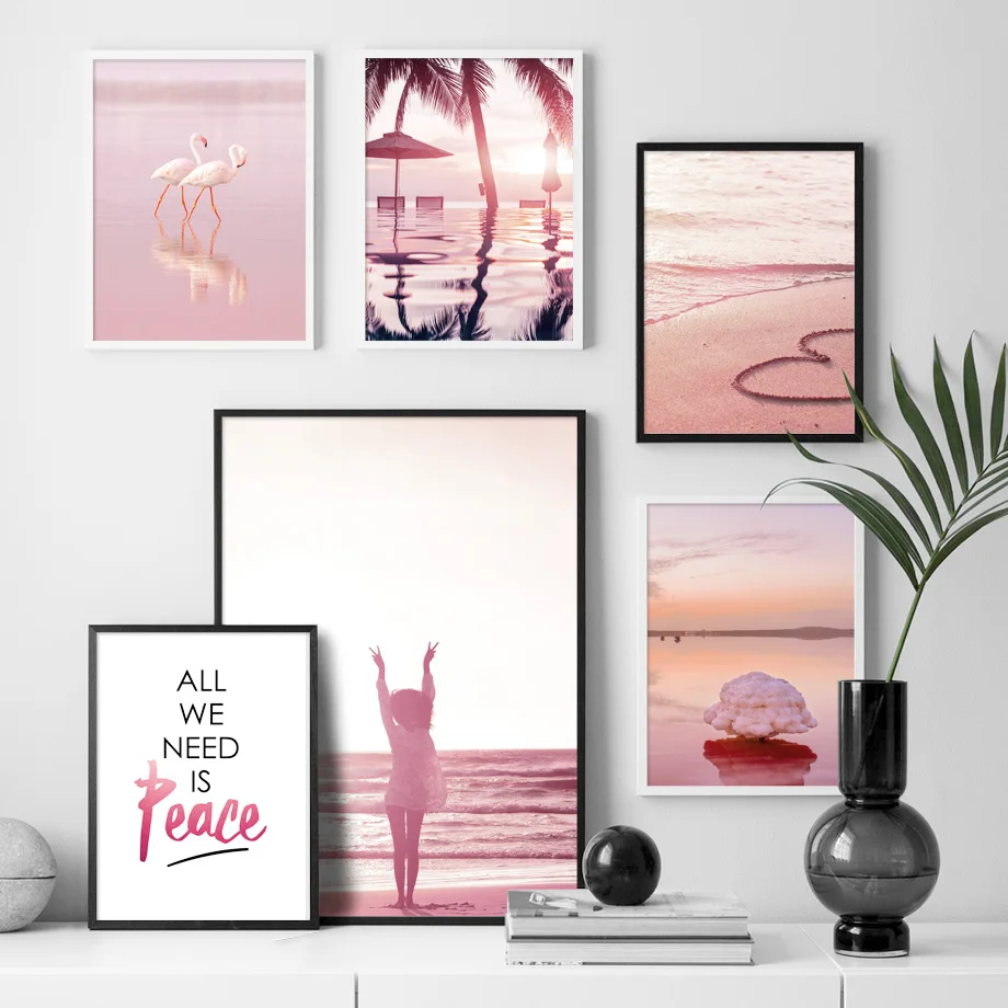 Pink Beach Girl Flamingo Palm Tree Quotes Wall Art Canvas Painting Nordic Posters And Prints Wall Pictures For Living Room Decor