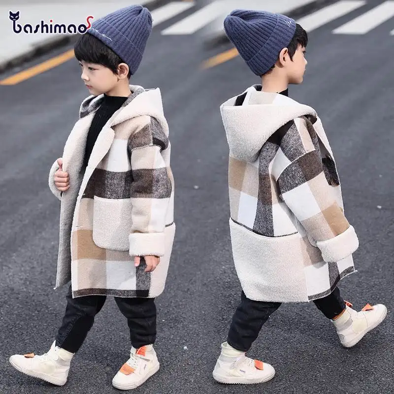 

Boys Long Hooded Woolen Jacket Autumn Winter 2019 New Children's Thick Woollen Overcoat Clothes Teenager Kids Plaid Trench Coat B357