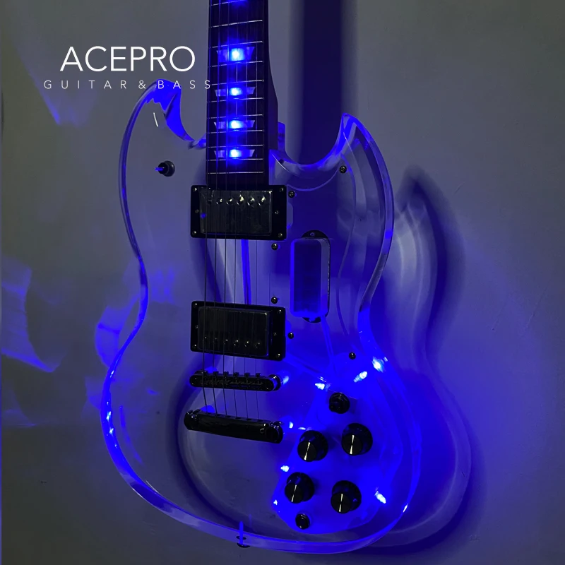 Acepro Blue LEDs Light Electric Guitar, Acrylic Body Crystal Guitarra, Transparent Pickguard, Chrome Hardware, High Quality