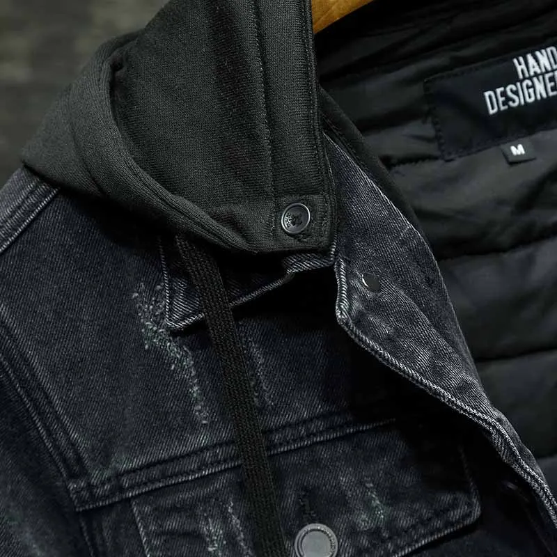 Mcikkny Men Wool Liner Winter Denim Jackets Black Loose Casual Thermal Jeans Coats For Male Windbreak Detachable Hat