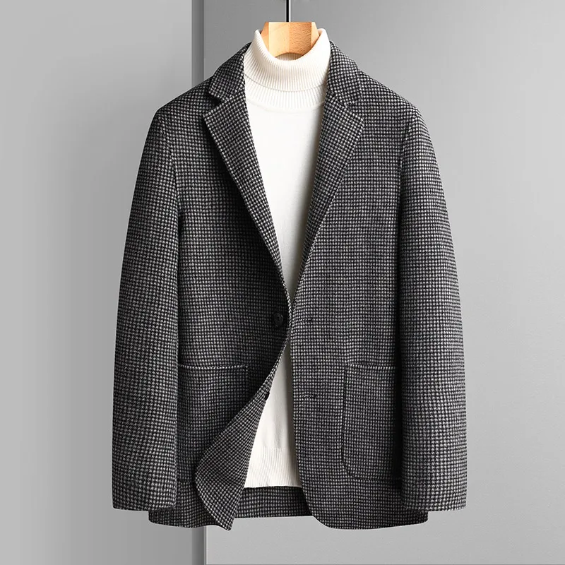 England Style Men Smart Casual Plaid Woolen Blend Blazers Autumn Winter Khaki Navy Blue Gray Checked Pattern Tweed Suit Jackets