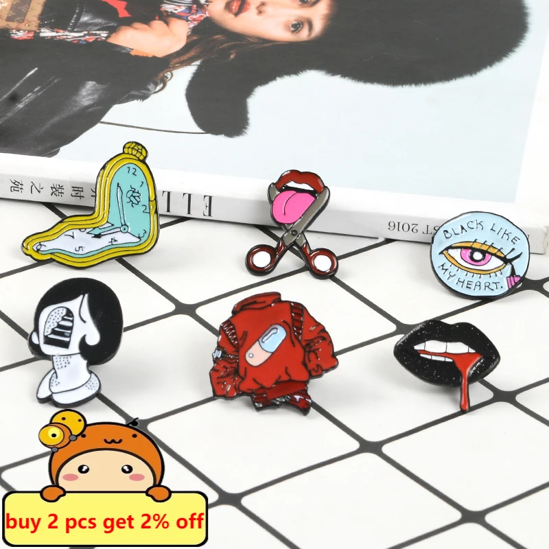 Pill Eyeliner Tongue Lips Enamel Pins Twisted Clock Girl Brooches Denim Shirt Lapel Pin Bag Punk Cool Jewelry Gift for Friends