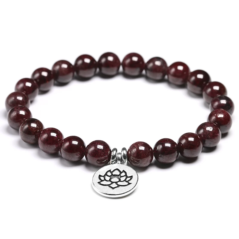 Natural Garnet Stone Wine Red 8mm Beaded Bracelet Men Jewelry Women Bracelets Lucky Energy Jewelry Tree Charm Yoga Gift