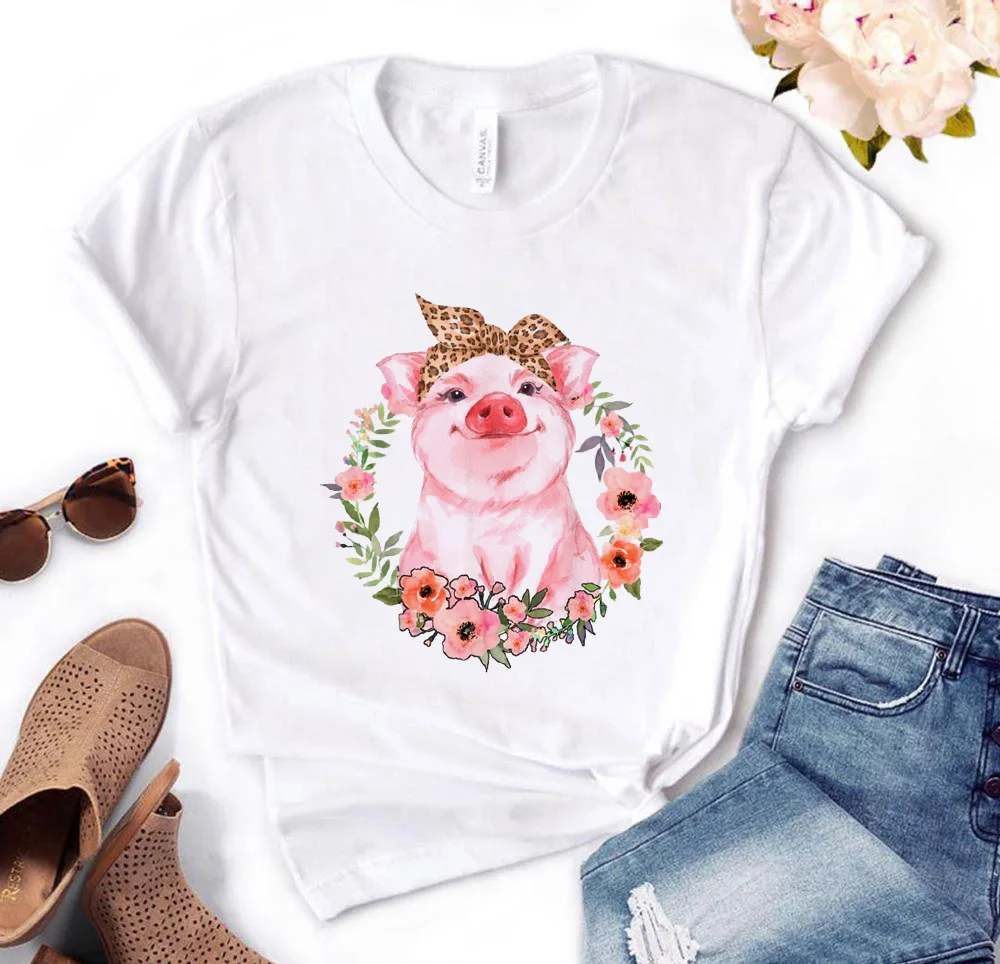 Female T-shirt Leopard Bandana Pig Bow Sunflower Floral Print T-shirt Harajuku Cartoon T-shirt 90s Graphic T-shirt Female