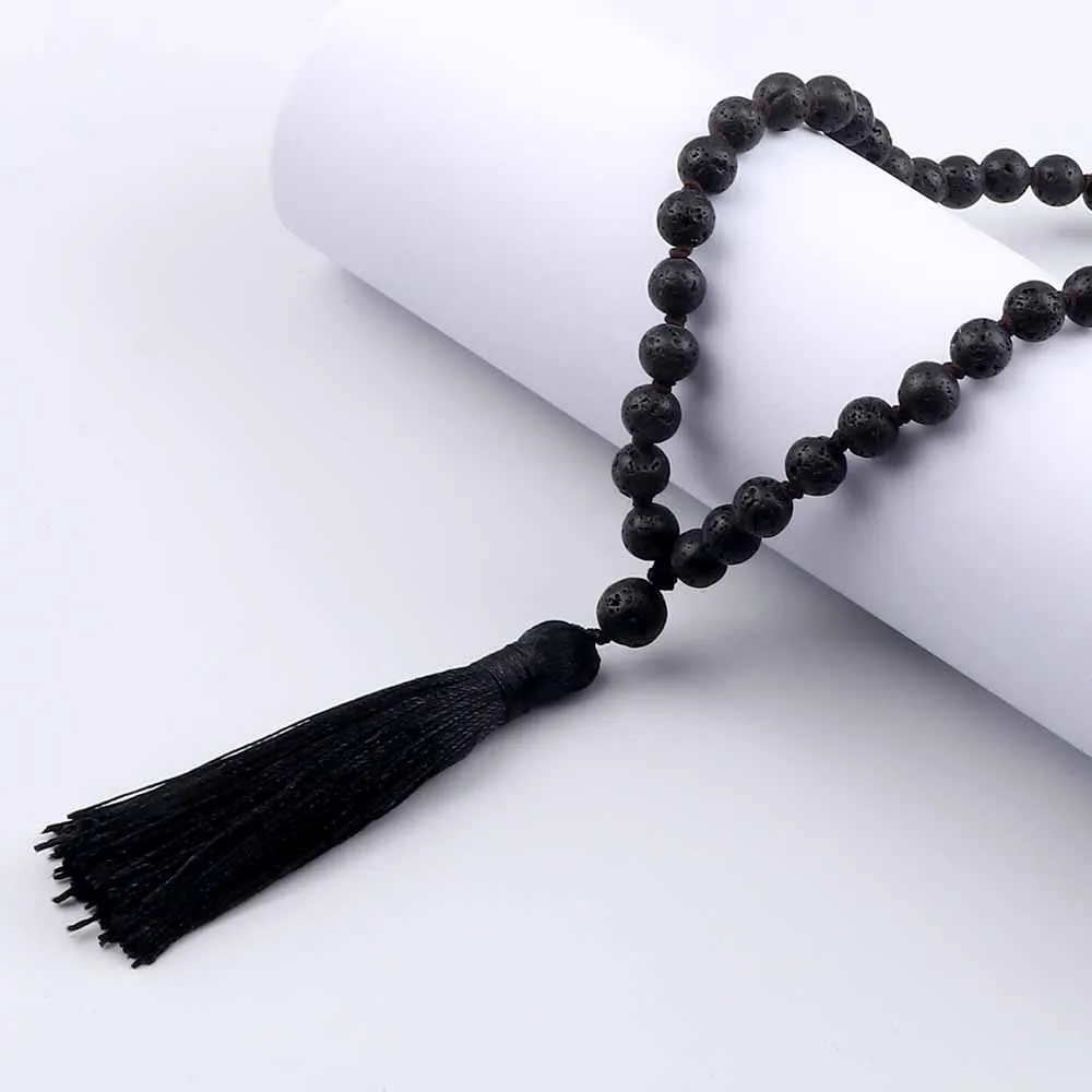 Buddhist Mala Beaded Necklaces for Women Men 6 8mm Black Lava Rock Stone Long Tassel Necklace Handmade Vintage Ethnic Jewelry