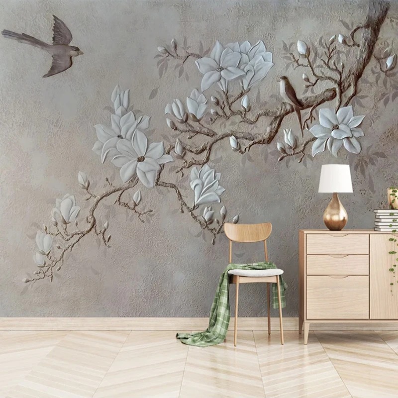 Custom Any Size Photo Wallpaper Modern Pastoral 3D Embossed Flowers Birds Mural Wall Paper Living Room Bedroom Papel De Parede