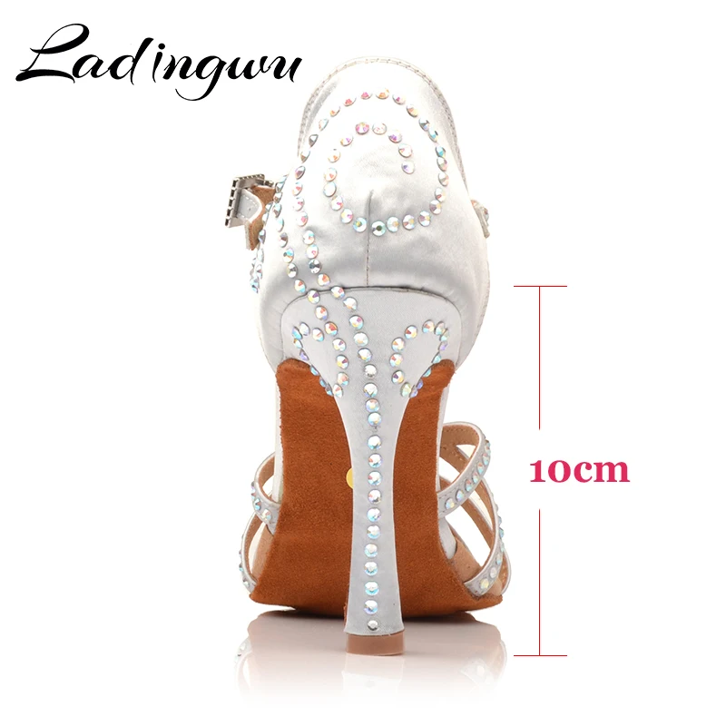 Ladingwu Hot Latin Dance Shoes Women For Silver grey Satin Dance Shoes Salsa Girls For Shine Rhinestone Ballroom Dance Shoes