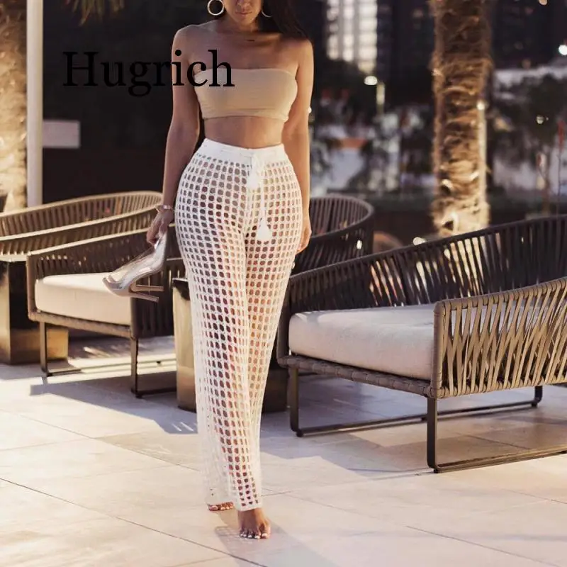 New Sexy Tunic Crochet See Through Beach Lounge Pants White Black Fashion Fishnet Sheer Long Wide Leg Bottoms Beachwear Trousers