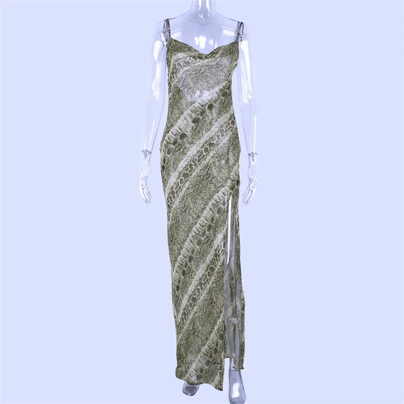 Abito lungo da donna sexy in chiffon con stampa serpente, maxi abito trasparente con cinturino e spacco senza schienale, eleganti abiti autunnali 2024