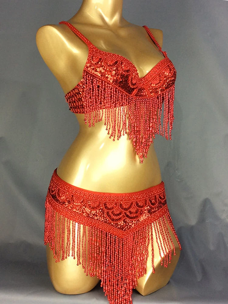 Nowe damskie zroszony zestaw do tańca brzucha Sexy karnawał taniec brzucha ubrania noc Bellydance topy stanik z łańcuchami pas ubrania taneczne — zdjęcie 2