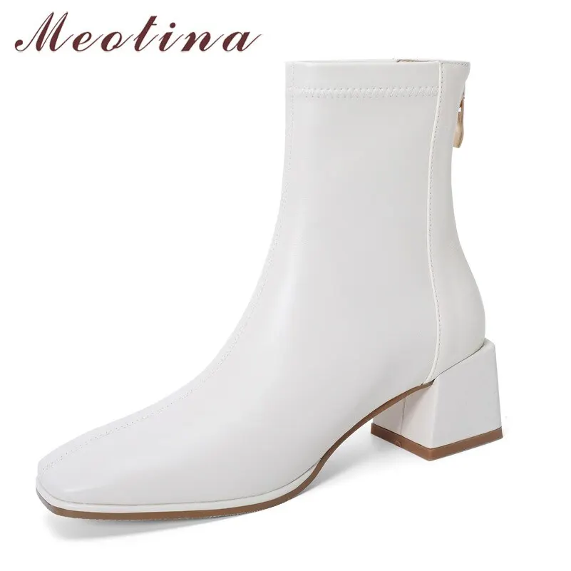 Meotina Ankle Boots Women Genuine Leather High Heel Shoes Thick Heel Short Boots Zip Square Toe Ladies Boots Autumn Winter Beige