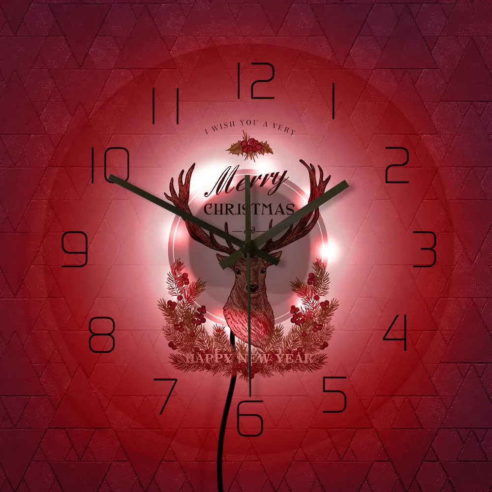 

Merry Christmas And Happy New Year Winter Holidays Decorative Printed Acrylic Wall Clock Elk Deer Wall Watch Housewarming Gift