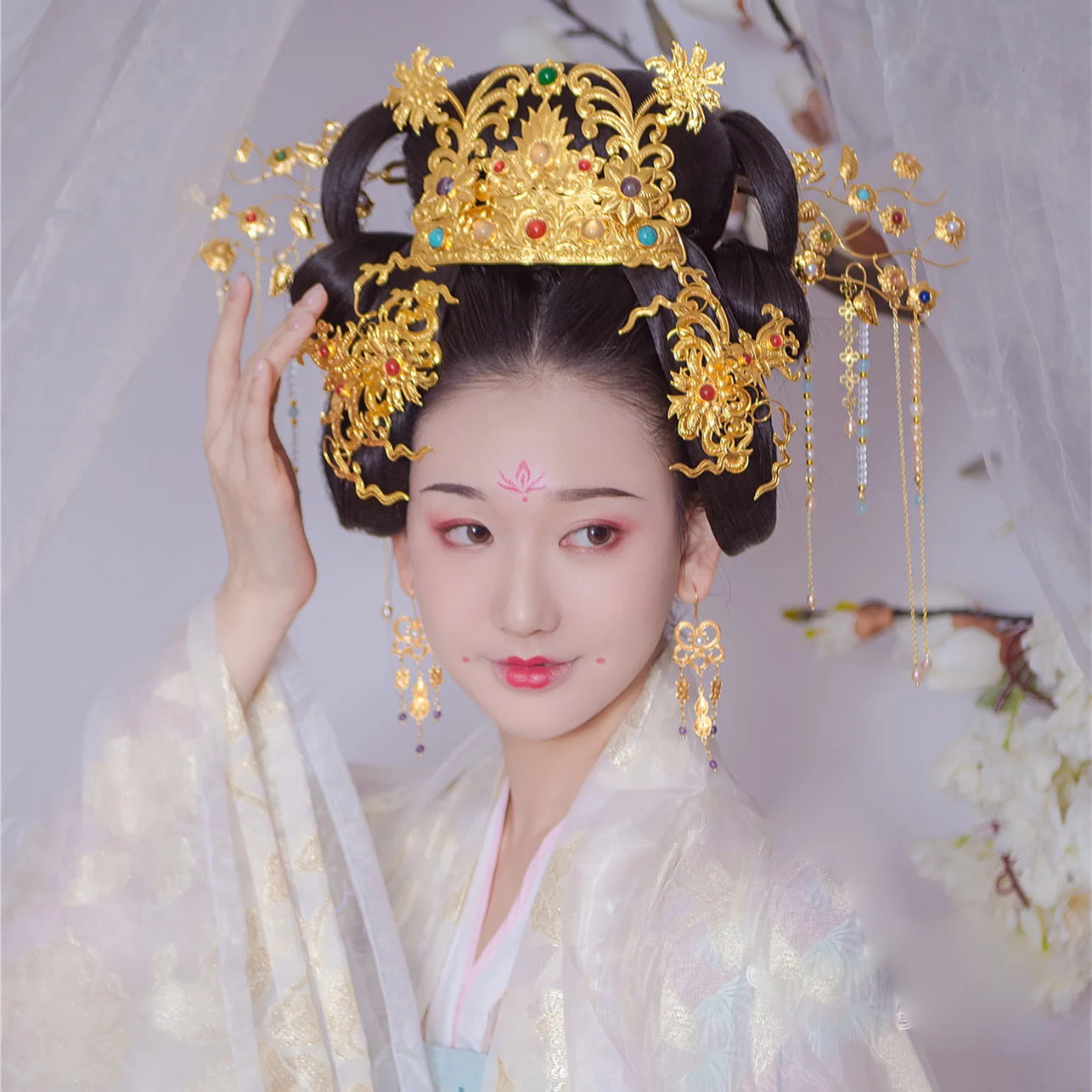 LYZ Jin Jue Chai Gold Plated Copper Hand Carving Hair Tiara Traditional Artwork Pure Handmaking Tang Style Head Jewelry Vintage