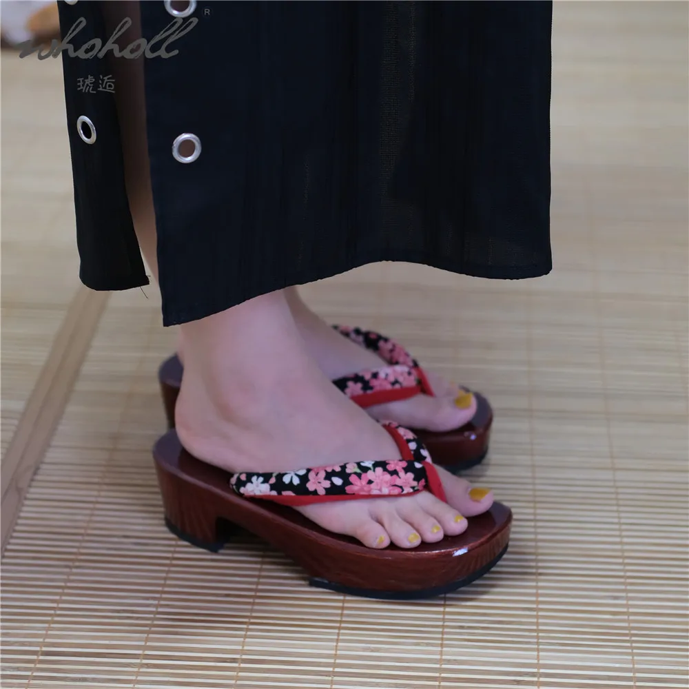 WHOHOLL Women Red Geta Japanese Wood Clogs Slippers For Women Summer Flip Flops Sakura Print Cosplay Women Shoes Plus Size 42