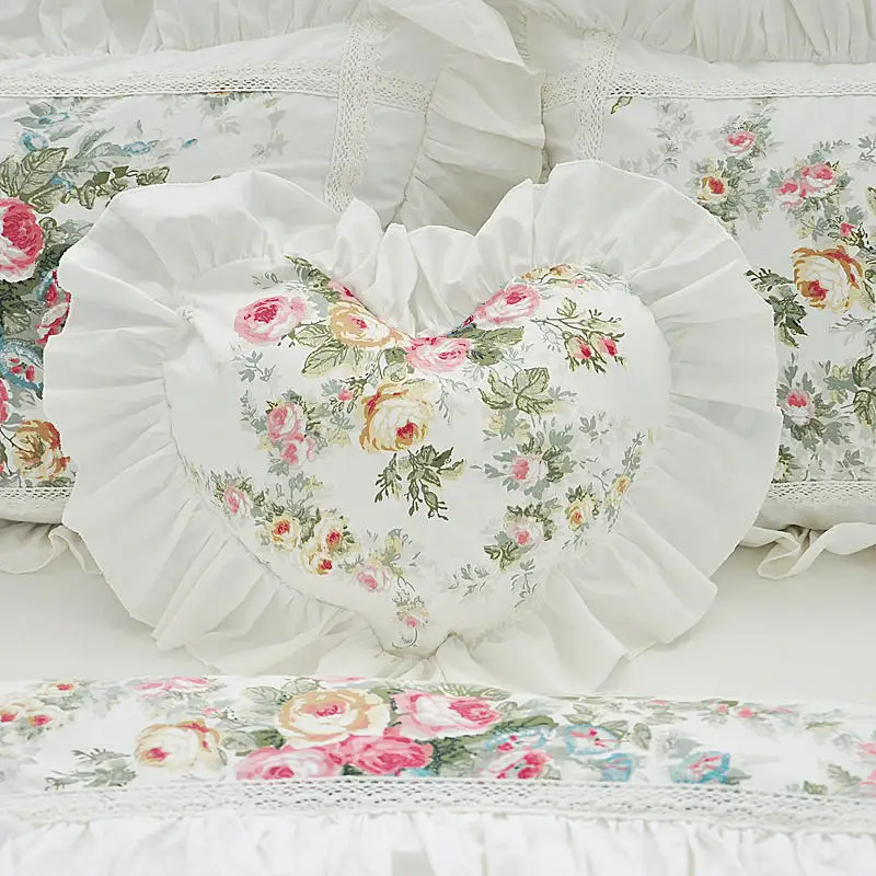 Imagem -04 - Conjunto de Cama Estampado Flores Brancas Coreano Princesa Lace Ruffles Capa de Edredão de Algodão Saia de Cama Colcha Fronhas Tecido Caseiro