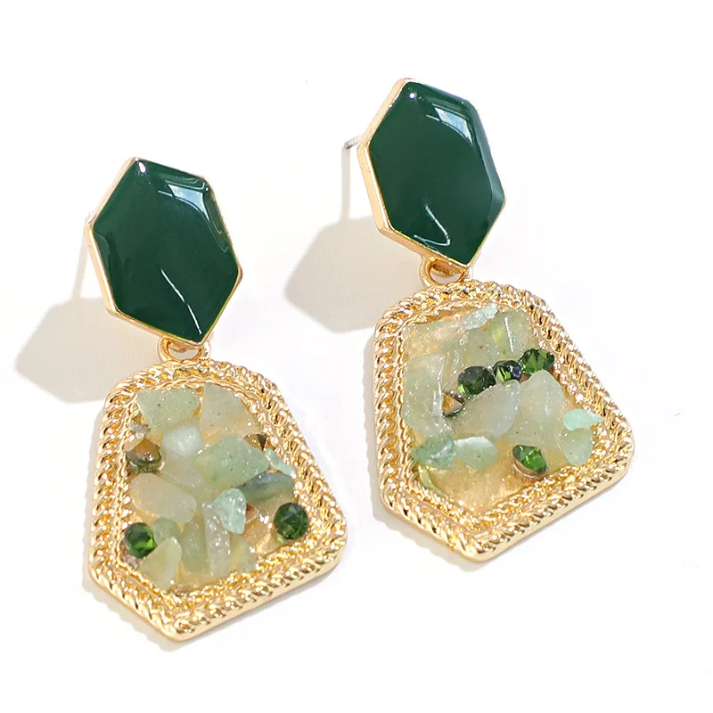 Green Aventurine Natural Stone Irregular Gold Plated Drop Dangle Earrings for Women Party Wedding Jewelry