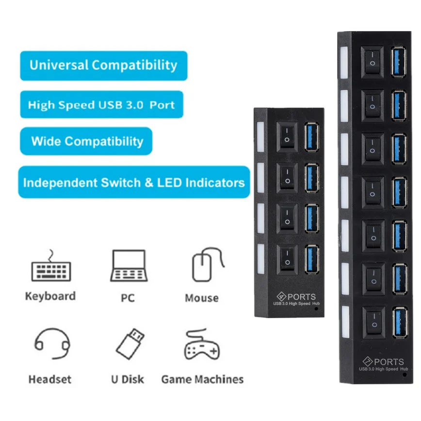 Grwibeou – séparateur USB HUB 4/7, 3.0 ports, Multi USB, avec interrupteur, adaptateur d'alimentation, Mini Hub, connecteur de câble pour ordinateur portable