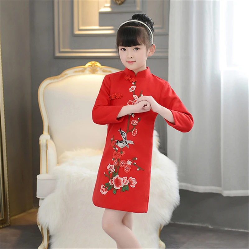 

Children's cheongsam woolen long-sleeved Tang suit autumn and winter new three-dimensional red flower dress cheongsam