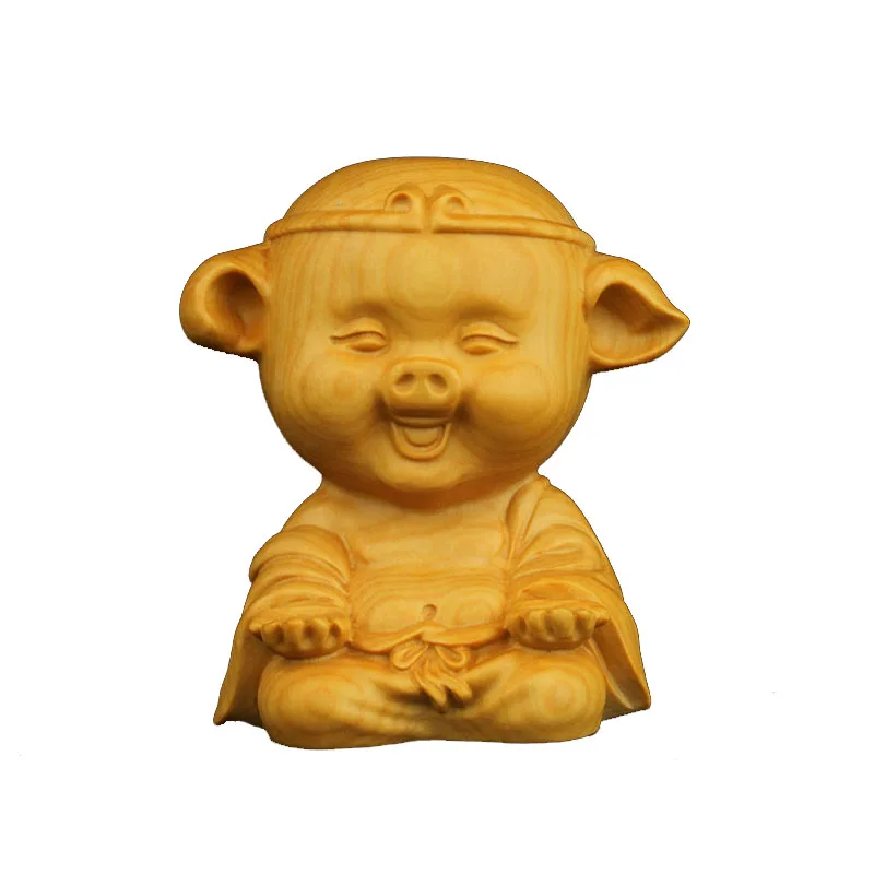 XS439- 6 CM Lovely Pig Boxwood Sculpture Wood Carving Lucky Zodiac Animal Feng Shui Home Decor