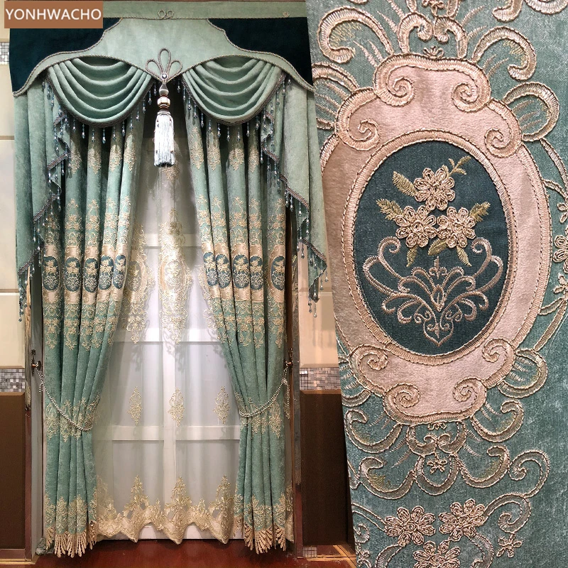 

Custom curtains European living room Chenille luxury shading embroidered green cloth blackout curtain valance tulle panel C119