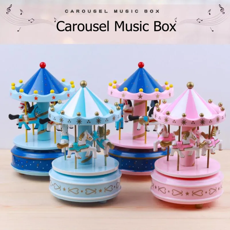 Wooden Carousel Music Box Vintage Merry-Go-Round Horse Music Boxes Baking Cake Decoration Top Christmas Birthday Gifts