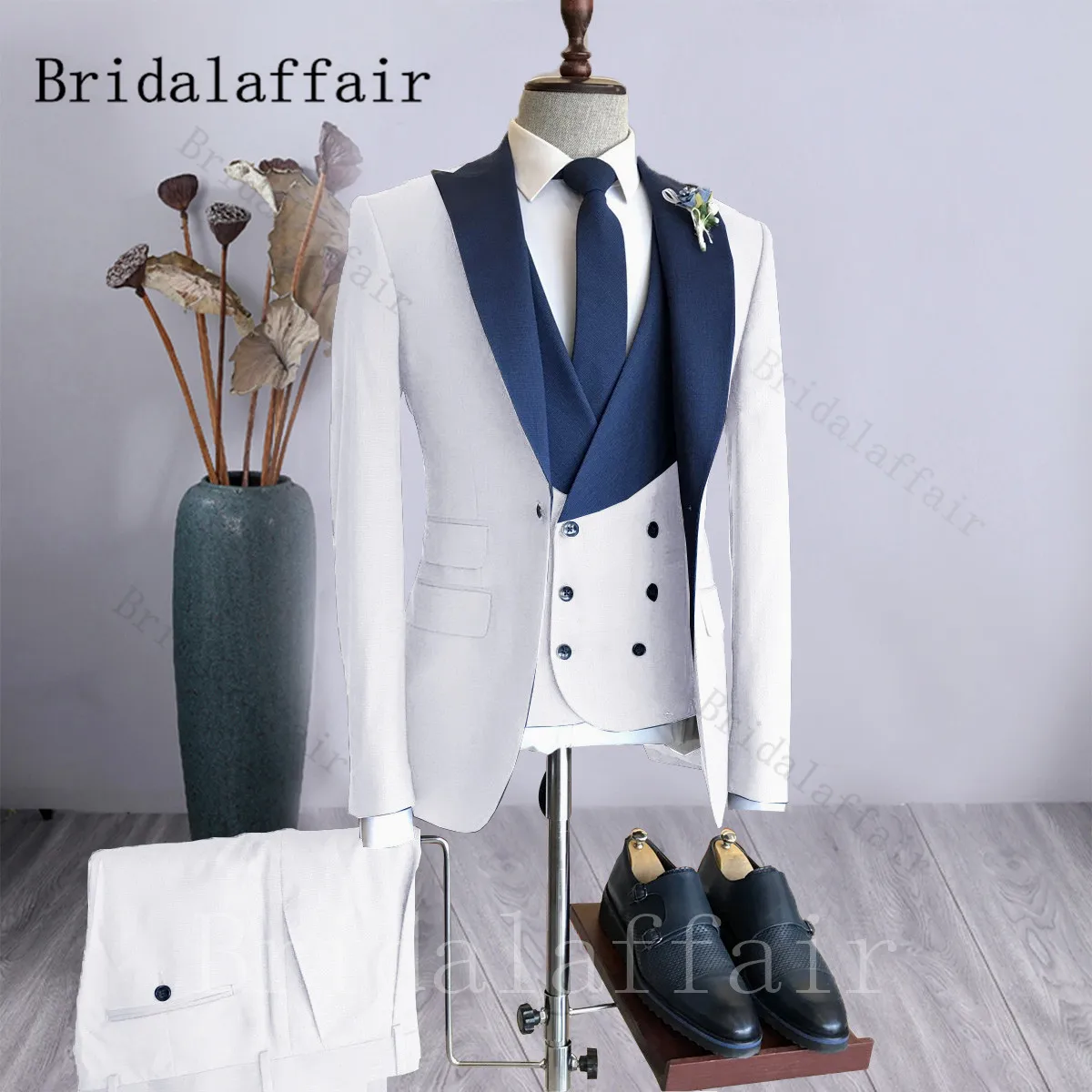 

Bridalaffair Men's White Wedding Tuxedos Suits 3 piece Blazer Jacket Vest Pants Set Formal Evening Dress Slim Fit Costume Homme