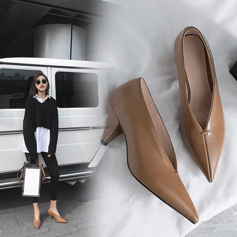 hot VANGULL women Genuine Leather shoes cow leather Sheep suede spike heels pointed toe women pumps professional  office career