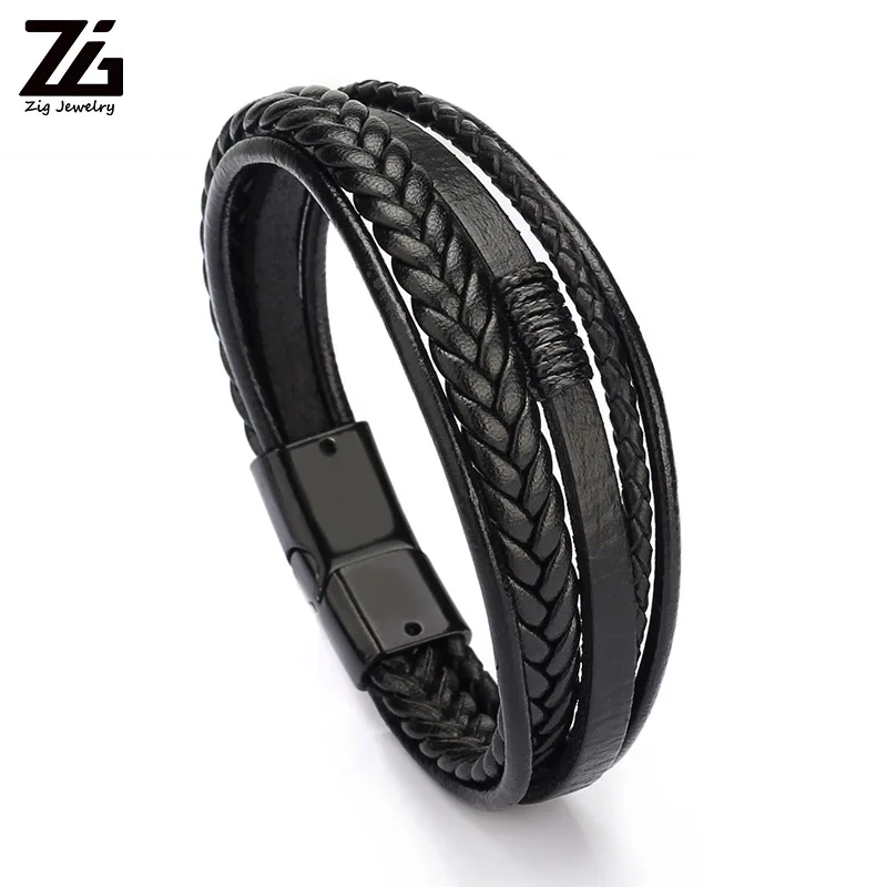 ZG Braided Leather Bracelets for Men in Black and Brown Color Armband Heren with Magnetic Elegent Bangle Male Cool Bracelet