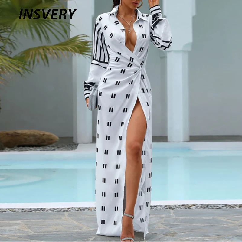 Maxi Dress Women Turn Down Collar High Waist Long Sleeve Party Dress Boho Print Shirt Dresses For Women Elegant Robes Plus Size