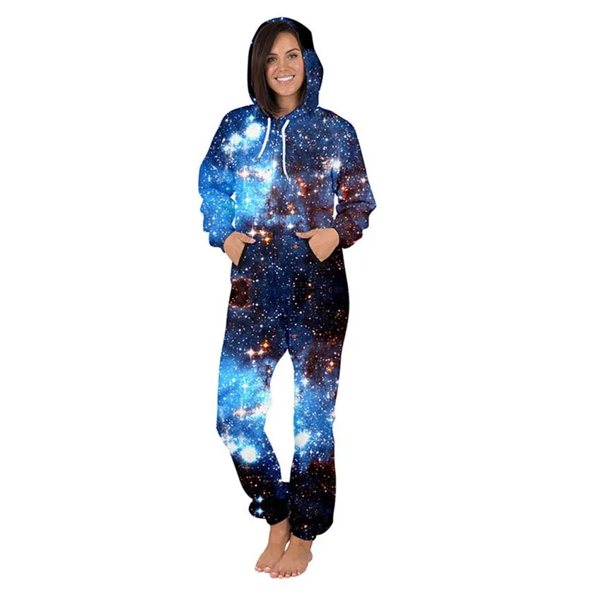 Women Pajamas Romper Adult 3D Hoodied Printing Onesie Jumpsuit Casual Star Zipper Playsuit Autumn Warm Overalls Sleepwear