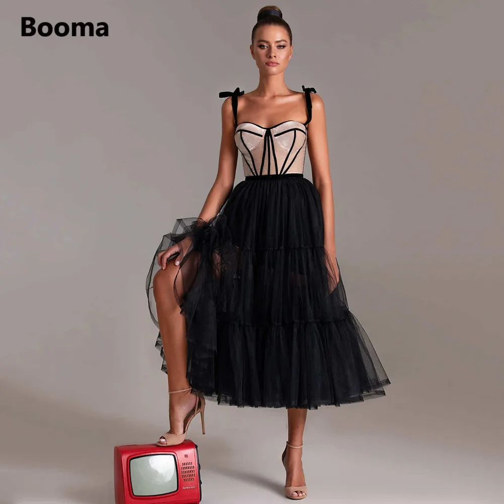 Booma Zwart Puffy Tulle Prom Jurken Tie-Bandjes Fluwelen Top Midi Prom Jassen Open Back Thee-Lengte A-lijn formele Party Jurken