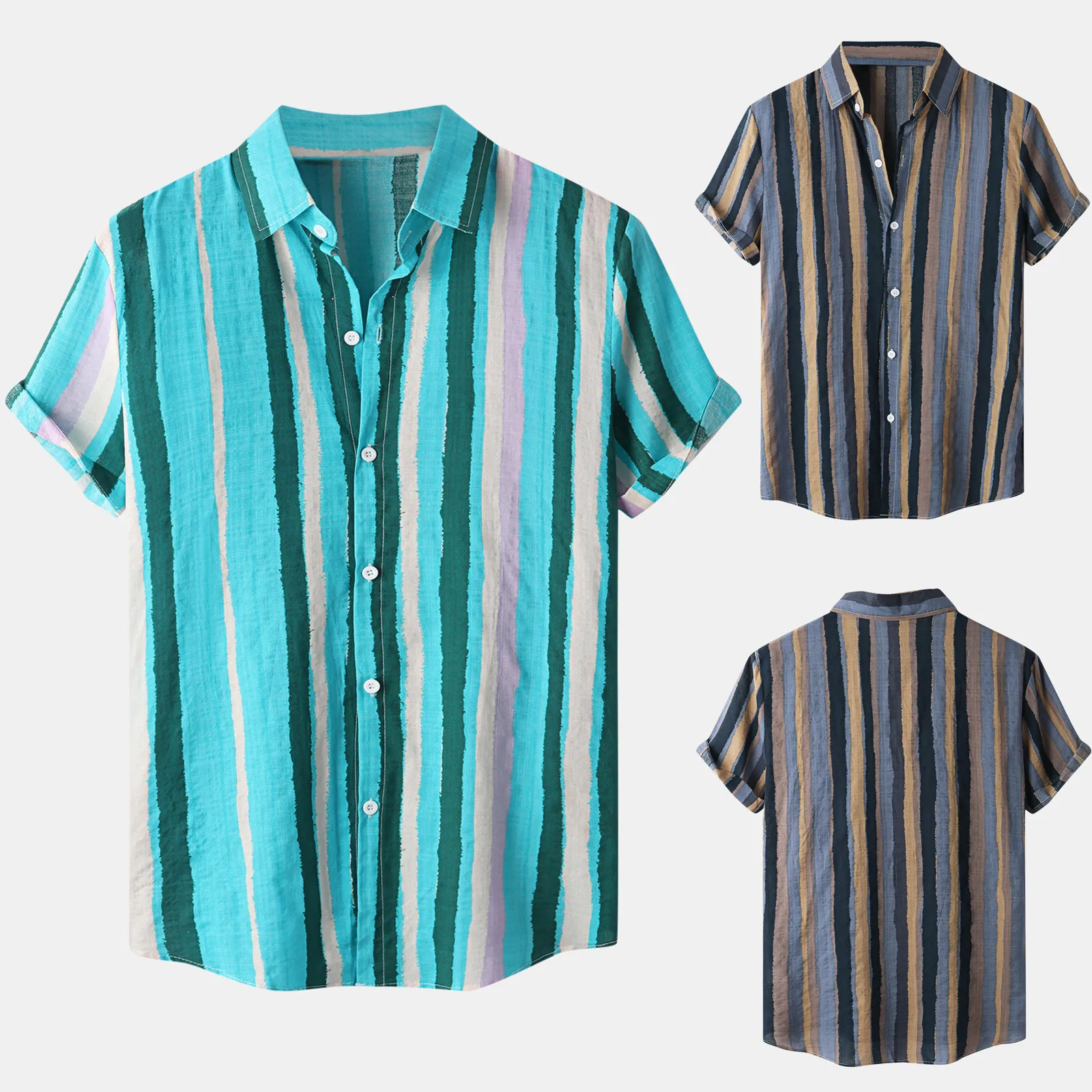 Men's Casual Shirts Stripe Print Cotton Linen Short Sleeve Button Turn-Down Collar Tops Summer Hawaiian Shirt мужская одежда