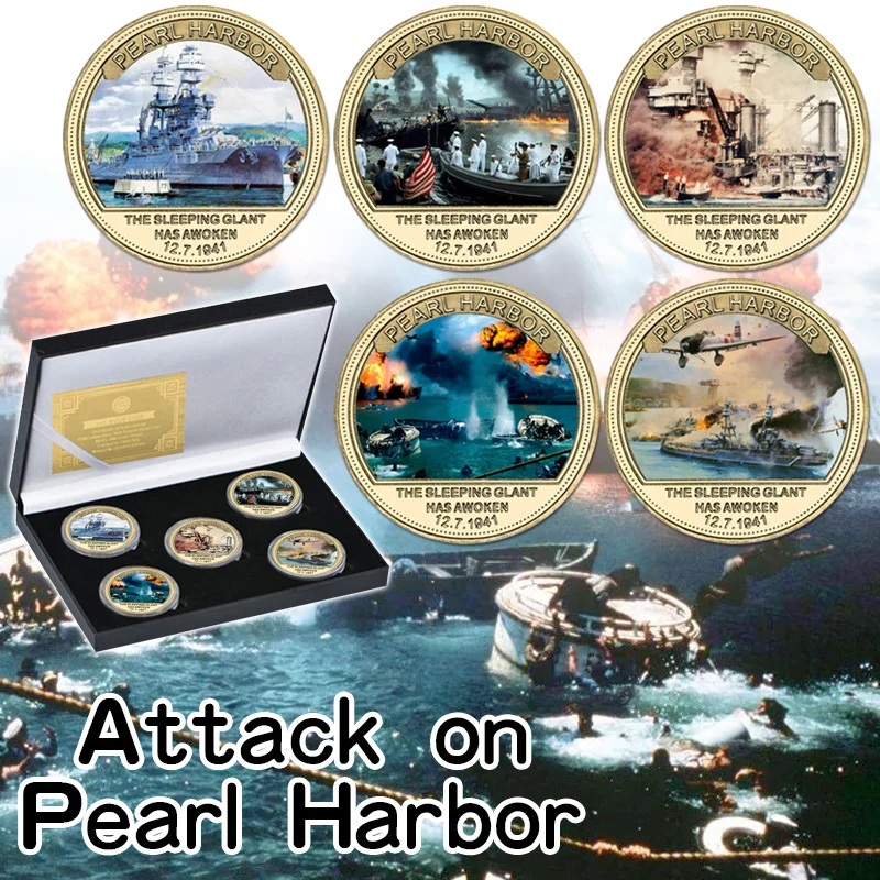 

World War II Attack on Pearl Harbor Gold Commemorative Coins Set US Military Challenge Coin Army Souvenir Gifts for Veterans