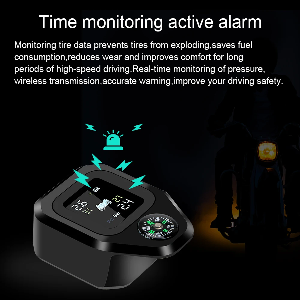 أجهزة استشعار ضغط الإطارات للدراجات النارية ، TPMS مع البوصلة ، نظام مراقبة ضغط الإطارات ، جهاز اختبار رقمي LCD ، اكسسوارات الدراجات النارية ، 0-8Bar ، 116Psi