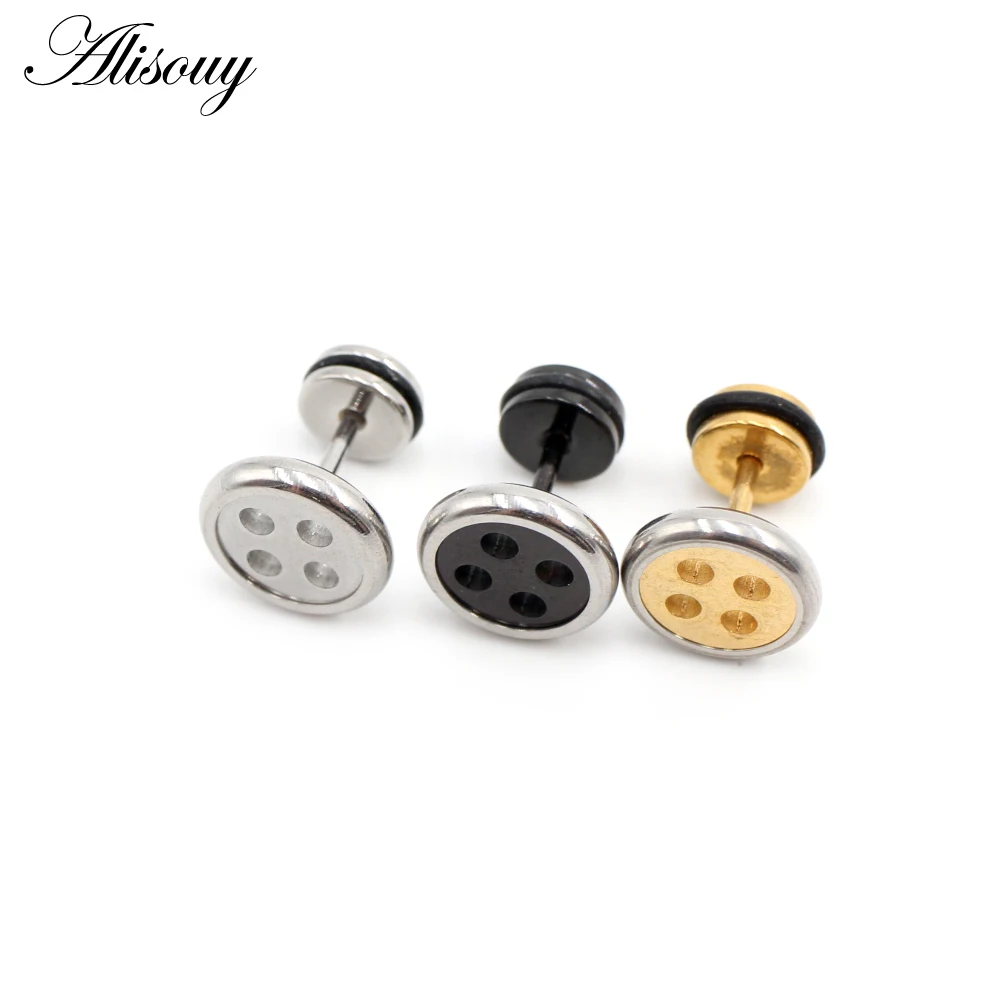 Alisouy 2pcs New Unisex Gothic Punk Rock Barbell Stainless Steel Buttons Screw Women Men Ear Stud Earrings Piercing Body Jewelry