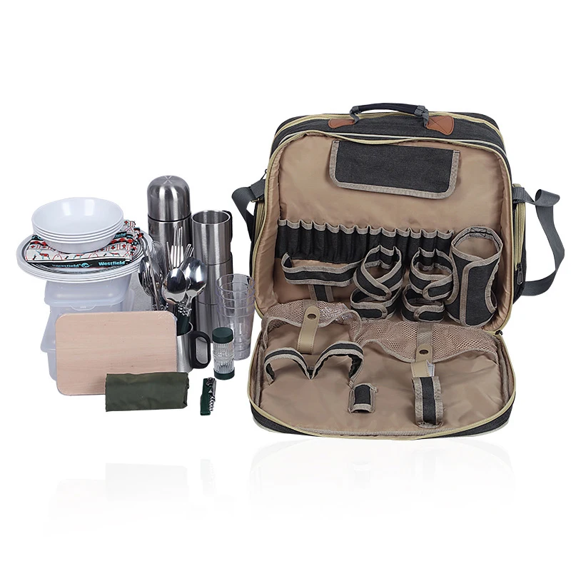 Portable Luxury Camping Picnic Tableware Set Dishes Outdoor Tableware Set With Insulated Bag Camp Cooking Supplies For 4 Person
