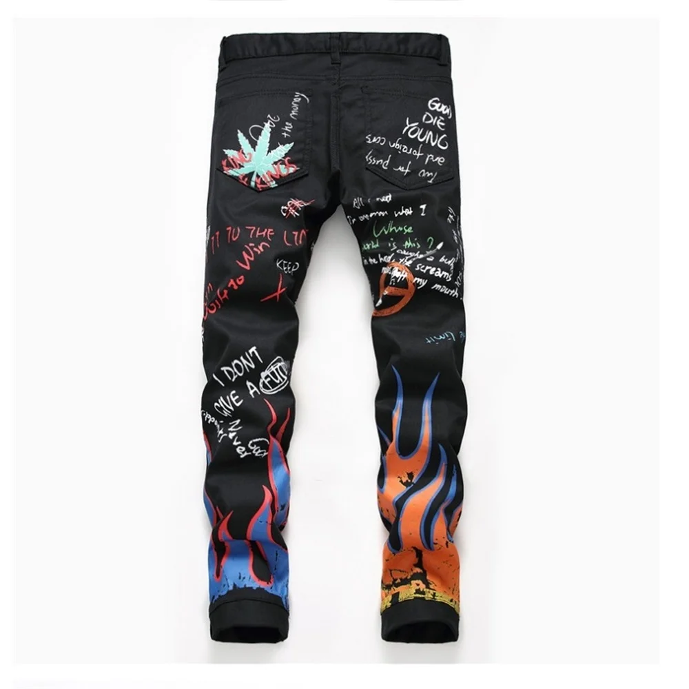EH·MD® Graffiti Black Jeans Men's Flame Skull Print 90s Street Style Cotton Zipper Trousers 2020 New Trend Personality Thin Feet