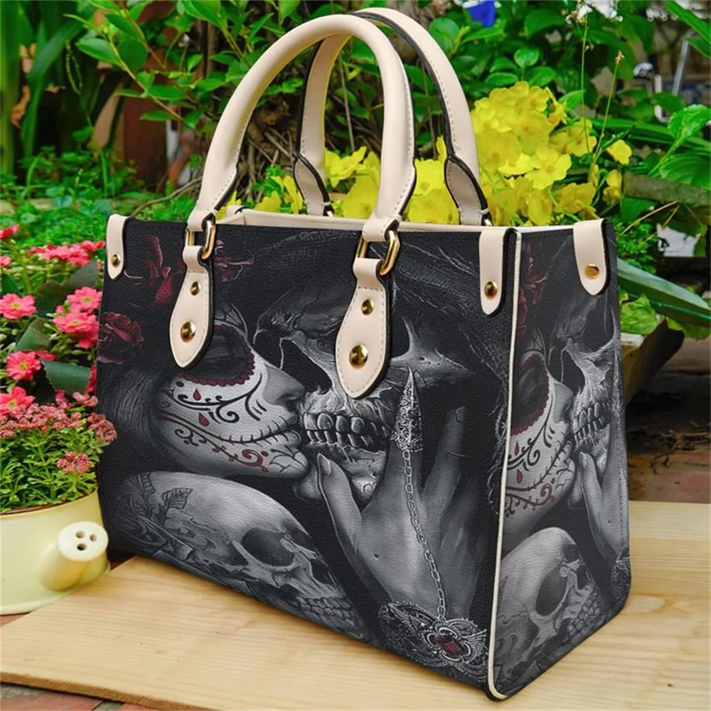 Dead Sugar Skull Girl Kissing Skull Personalized Name Woman's PU Leather Messenger Beach Handbags Casual Travel Top Handles Bags