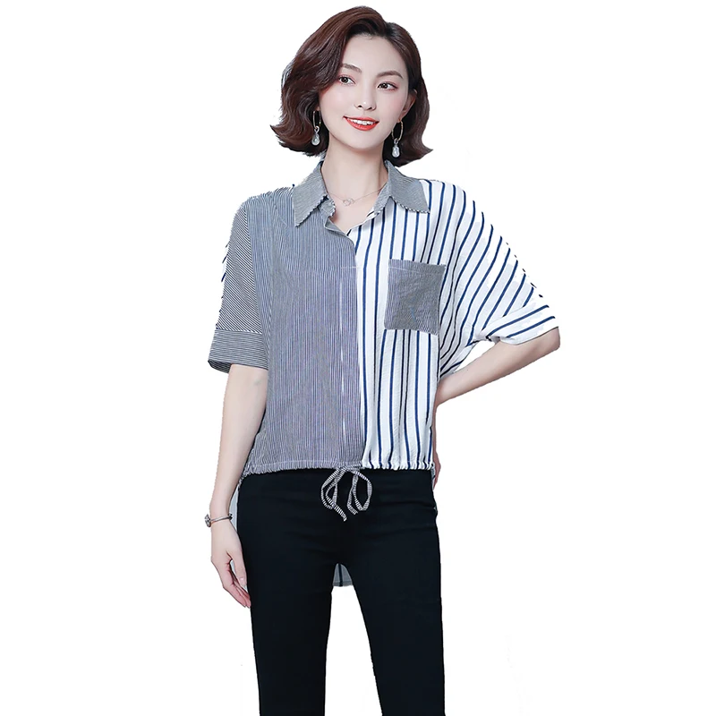 2020 Spring& Summer Women Spliced Vertical Stripes Print Chiffon Shirt