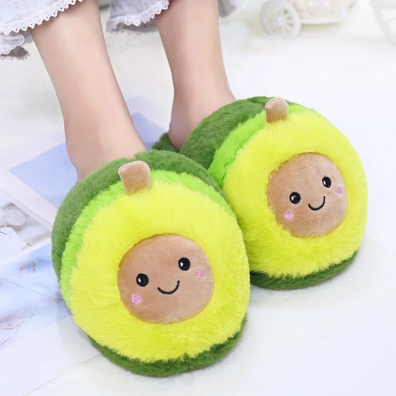 Kawaii Plush Avocado Slippers Fruit Toys Cute Pig Cattle Alpaca Warm Winter Adult Shoes Doll Women Household Products