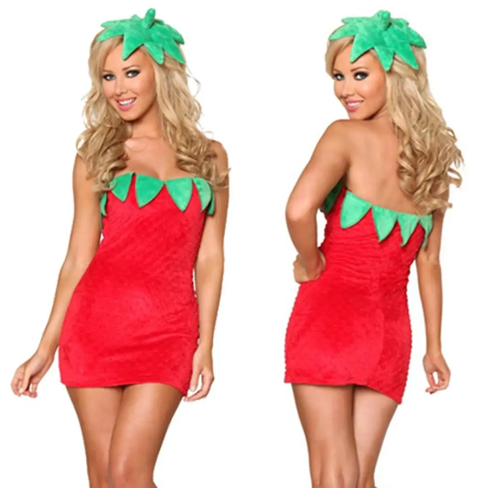 Ladies Strawberry Costume Dress Fruit Strawberry Fancy Dress Perfect Festival Dress Close-fitting Skirt With Headwear