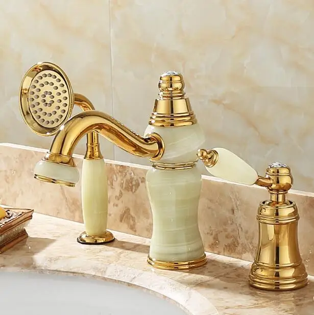 

Vidric Hot and cold Gold finish Pull out bathroom basin faucet Brass and Jade bathroom sink tap with pull out shower head style