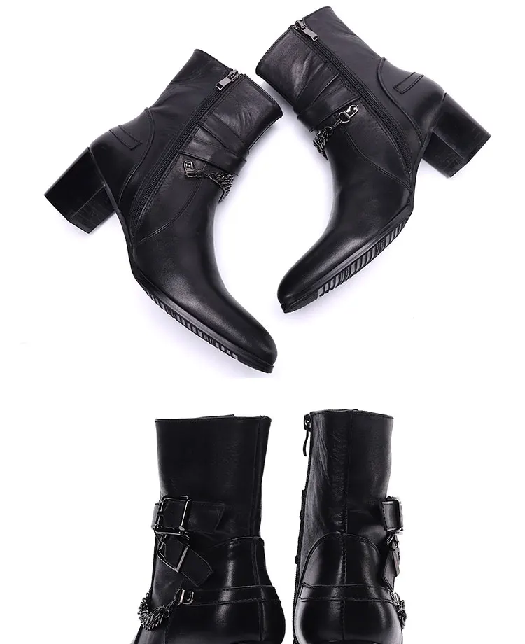 Herbst und Winter spitze High Heels Herren stiefel binden eine Kette Niet Gürtels chnalle dicken Absatz echtes Leder dicke Stöckels tiefel – Detail 3