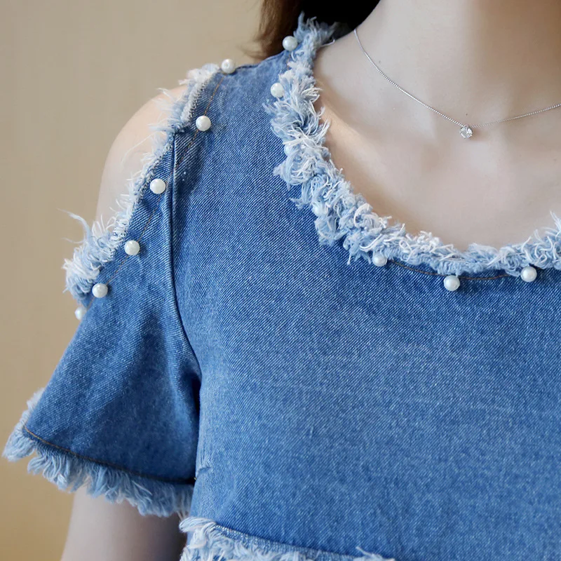 Short sleeve Denim Dress Female 2026 Summer New Korean Strapless Loose Large size 5XL Short A-line jeans Dresses Casual Clothing