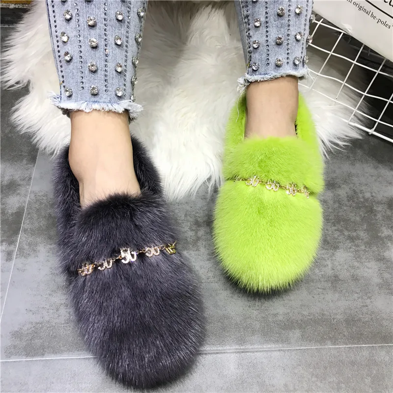 

Mink Fur Women Flats Chains Decor Casual Moccasins Ladies Driving Shoes Winter Warm Fur Shoes Creepers Zapatos Mujer Loafers