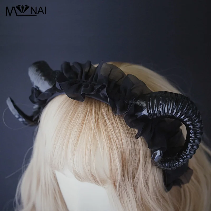 Hair Accessories Gothic Devil Horns Headbands Halloween Black Lace Sheep Horn Hair Hoop Head Wear Cosplay Party