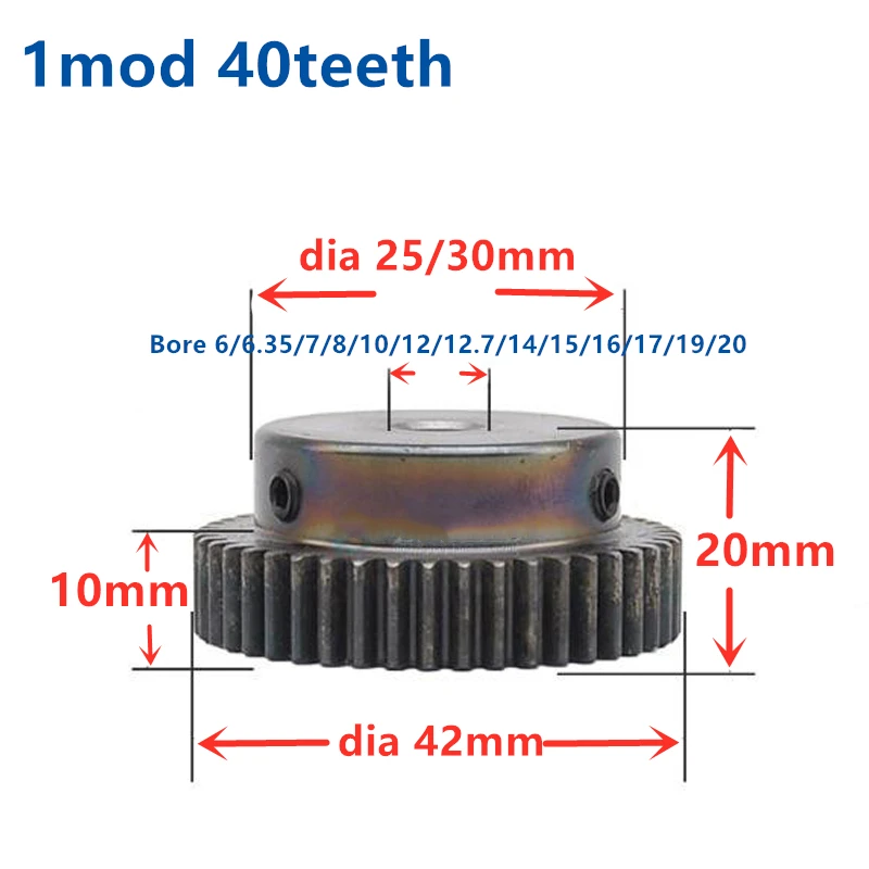 

Spur Gear pinion 1M 40T 40Teeth Mod 1 Width 10mm Bore 6mm 7mm 8mm Right Teeth 45# steel major gear cnc gear rack transmission RC